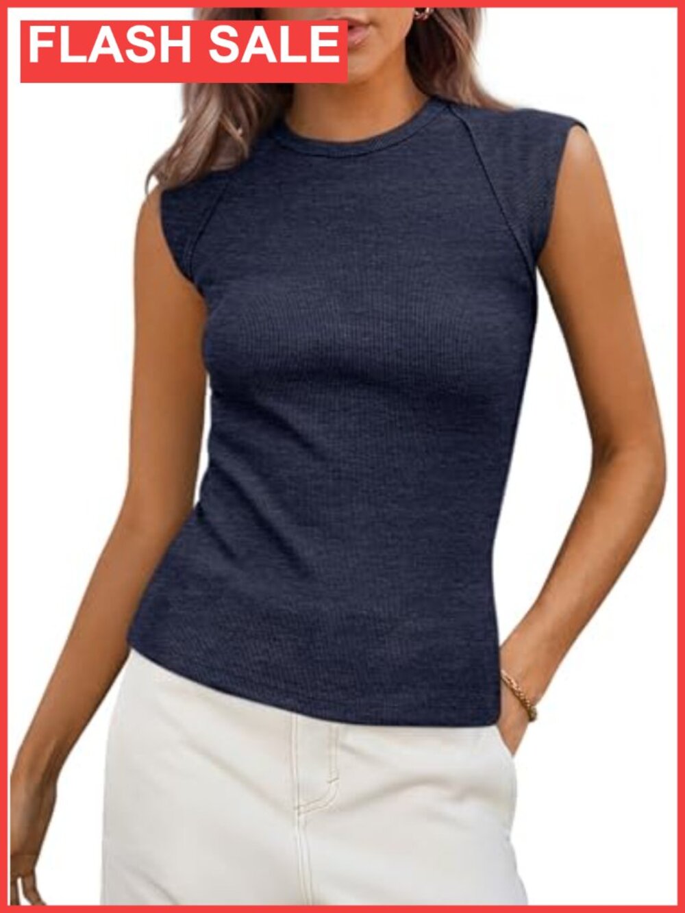 Ribbed Tank Top Cap Sleeve Crew Neck Slim Fit Pullover Summer Casual